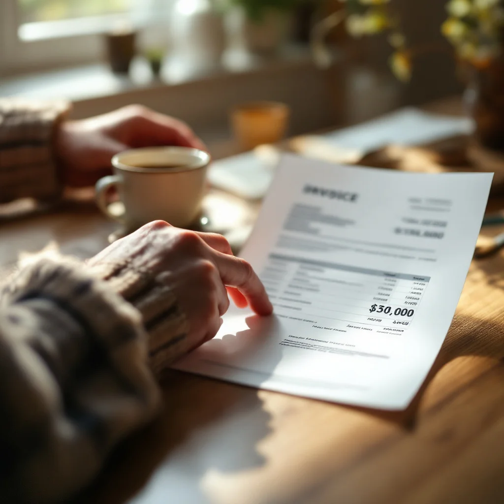 Homeowner reviewing a drainage invoice at a kitchen table