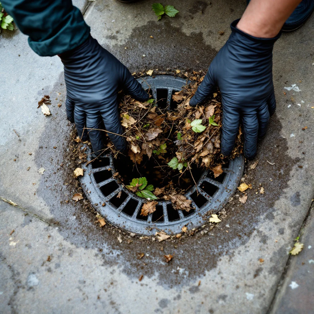 Gloved hands clearing leaves and silt from an external drain gully